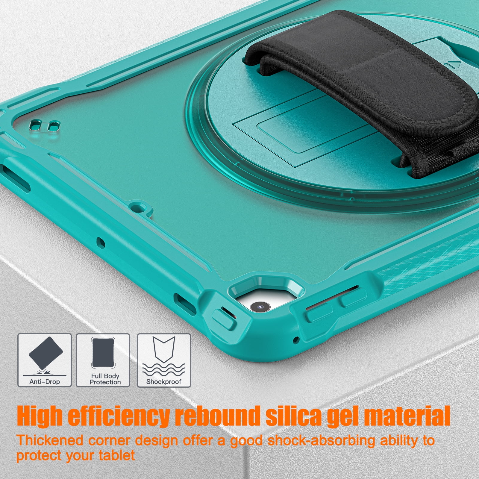 Dteck Case for iPad Air 2/iPad Pro 9.7"/iPad 5th/6th Generation,Military Grade Shockproof Silicone Protective Cover 360° Rotatable Stand- Shoulder Strap- Handle- Pencil Holder,Blue