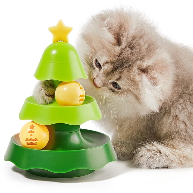 Mini Christmas Tree Three-Layer Track Cat Toy, Cat Mint Ball Interactive Toy for Kittens