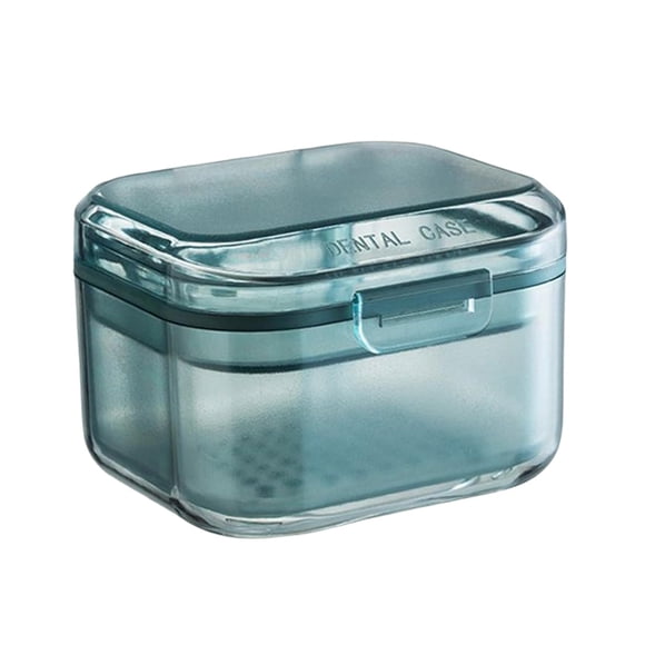Tportable Denture Bath Case, Cleaning Soaking Mouth Guard Case False Teeth Drain Blue