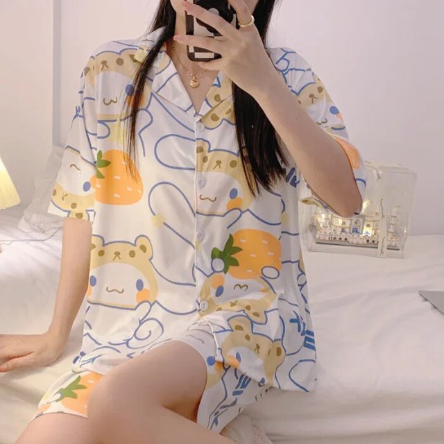 Sanrio-Pijama de Hello Kitty para mujer, traje de manga corta de dibujos animados, ropa de casa, vestido de verano, Cinnamoroll Kuromi Melody