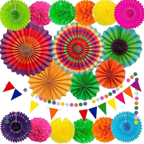 Mexican Party Decorations, 20 Pcs Multi-color Paper Fans Pom Poms Flowers for Cinco De Mayo Taco Themed Birthday Fiesta Decorations Family School Cultural Celebrations Party Supplies
