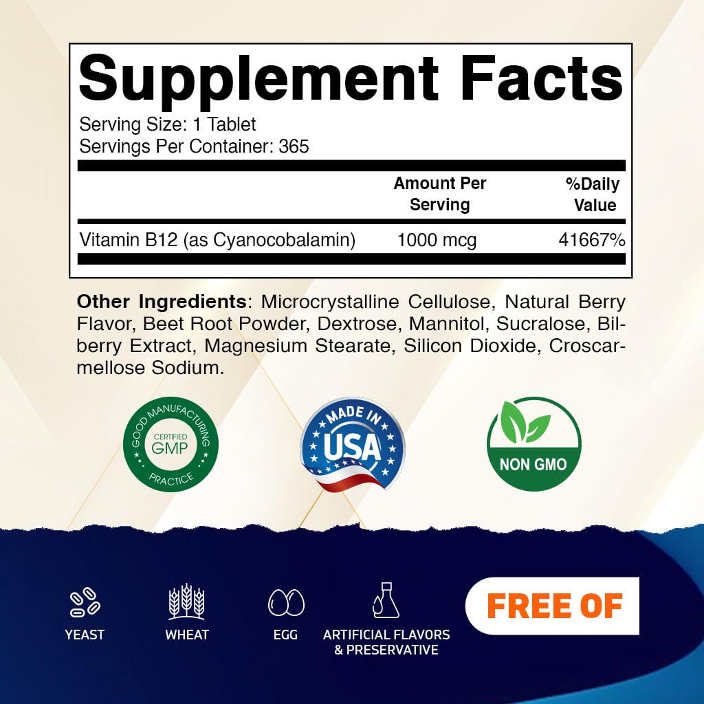 (3 pack) Vitamatic Vitamin B12 1000 mcg Fast Dissolve 365 Tablets - Berry Flavor - Supports Energy Metabolism