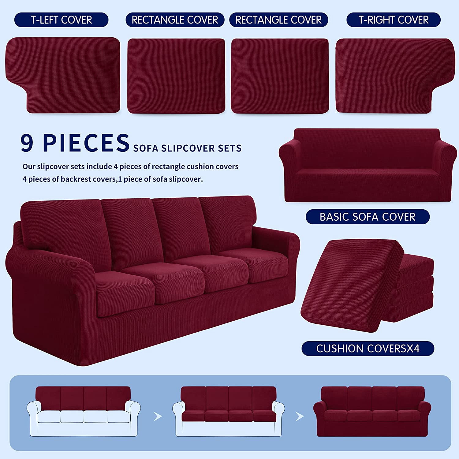 Subrtex Sofa Slipcover Sets 9 Pieces Stretch Couch Cover Backrest Cushion Covers (Oversized Sofa, Wine)