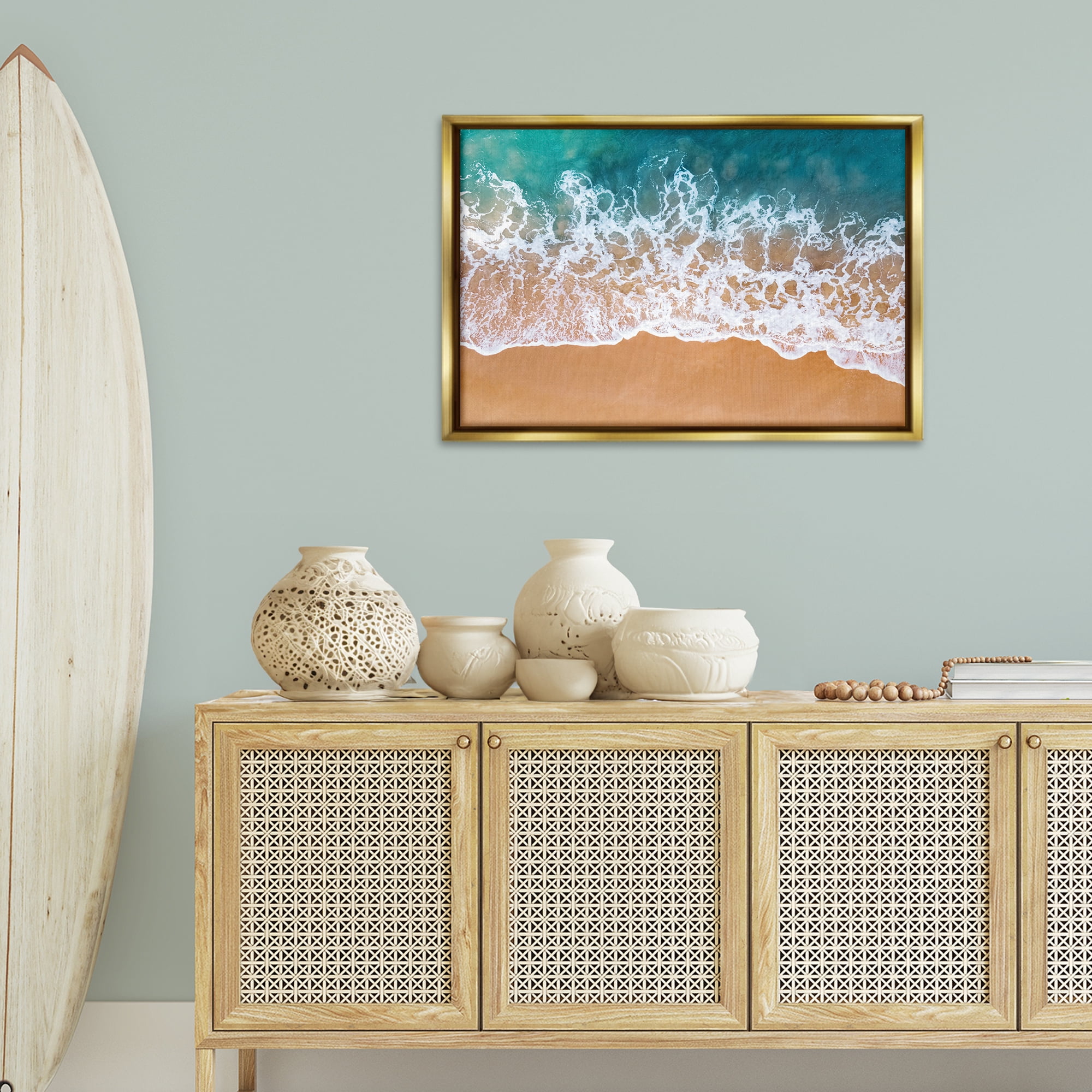 Stupell Industries Aerial Beach Foam Landscape & Nature Photography Gold Floater Framed Canvas Art Print Wall Art, 31 x 21