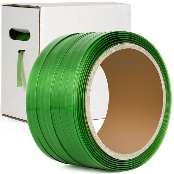 Storage Standard PET Strapping Roll w/ Self Dispensing Box, Green - 500 ft x 5/8" x 0.035" Pallet Strap Coil - 1400 lbs Break Strength, Rust-Resistant, Heavy Duty Strapping