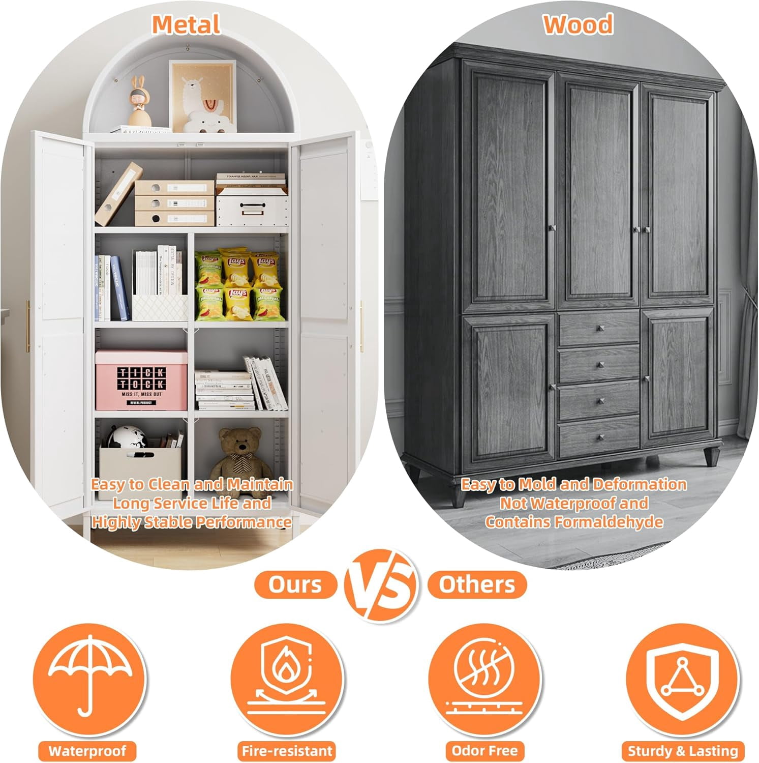 Metal Arched Kitchen Pantry Cabinet with 4 Adjustable Shelves, Farmhouse Arched Cabinet with 2 Doors for Kitchen,Bedroom,Living Room,White, Assemble Required,13.8" D x 27.6" W x 66.9" H