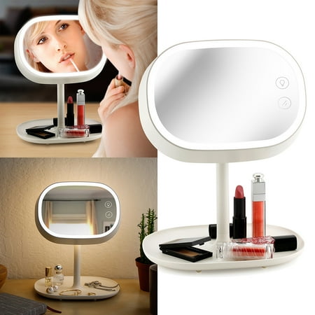 mirror makeup lighted vanity portable battery rechargeable travel led rectangle powered storage light cordless desk touch lamp organizer screen swivel