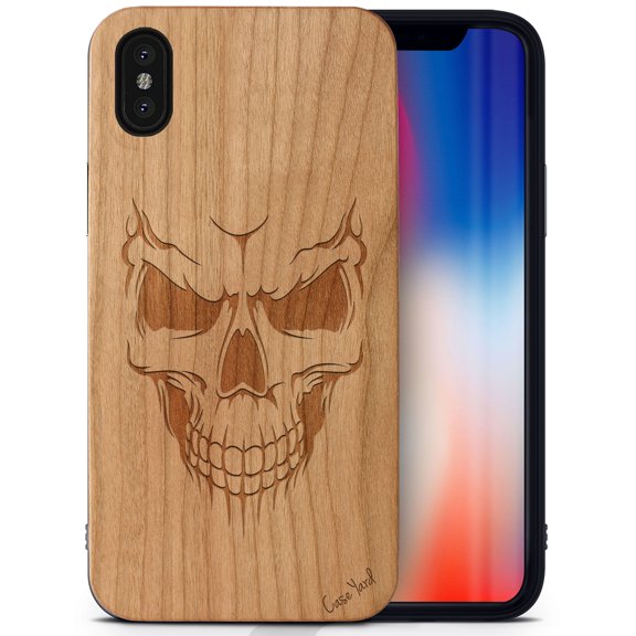 Case Yard Wooden Case Outside Soft TPU Silicone, Slim Fit Shockproof Wood Protective Phone Cover for Girls Boys Men and Women, Supports Wireless Charging Scary Skull Design case for iPhone-X