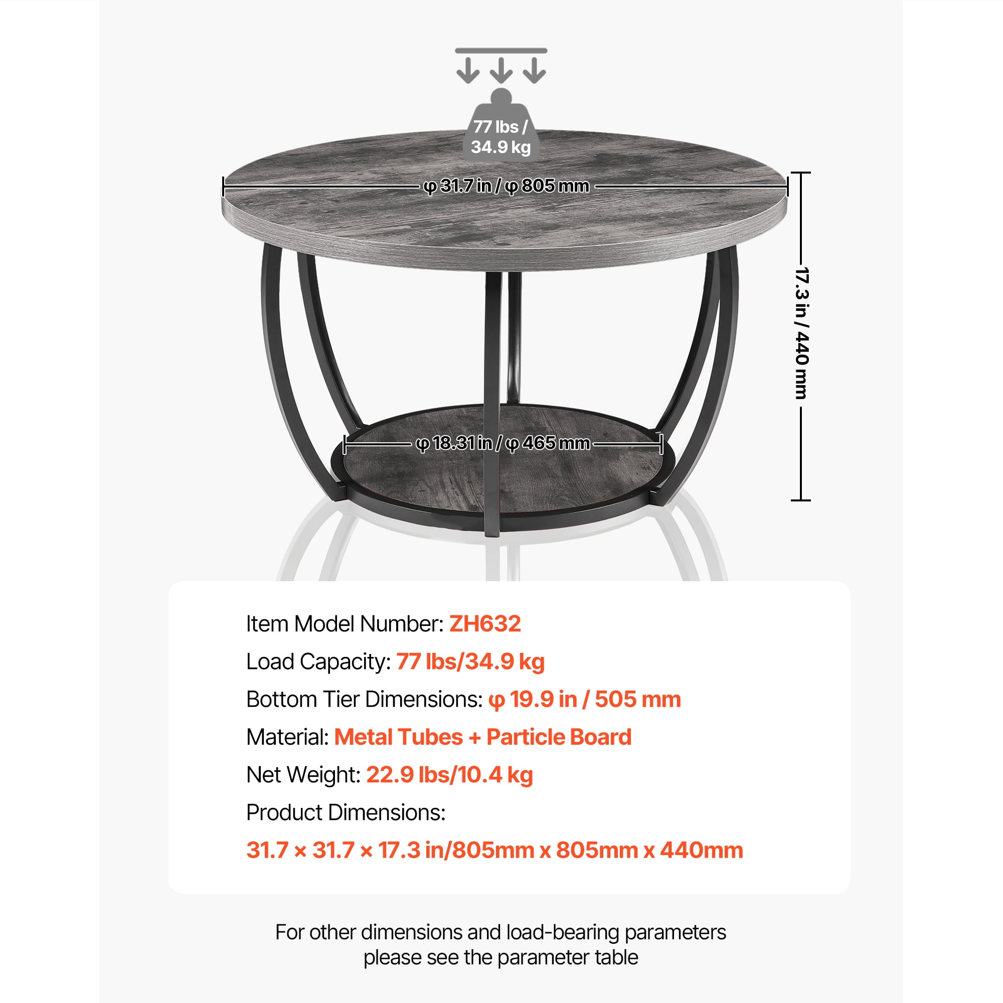 KFFKFF Round Coffee Table, Modern 2-Tier Wooden Center Table with Open Storage, Minimalist Design with Sturdy Metal Frame for Living Room or Office, Easy to Assemble, Grey
