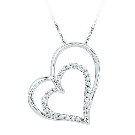 10K White Gold 0.12ctw Shiny Pave Diamond Fashion Double Heart Pendant