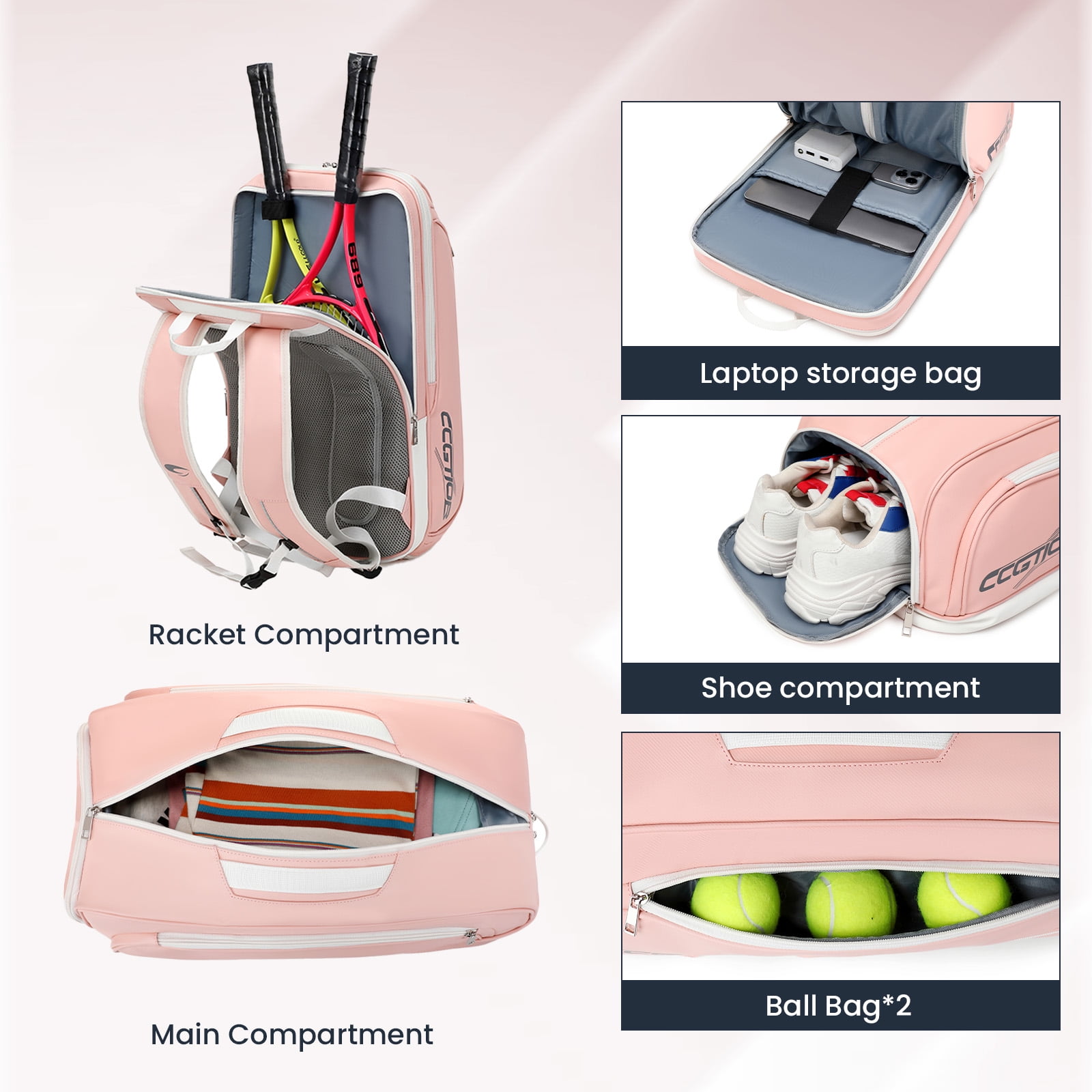 CCGTIOR Multi-Use Beach Tennis Bag For Sport Convertible Padel Backpack - Laptop Sleeve, Ball Sleeve, Fence Hook, Easy Access,Shoe Compartment (Pink)