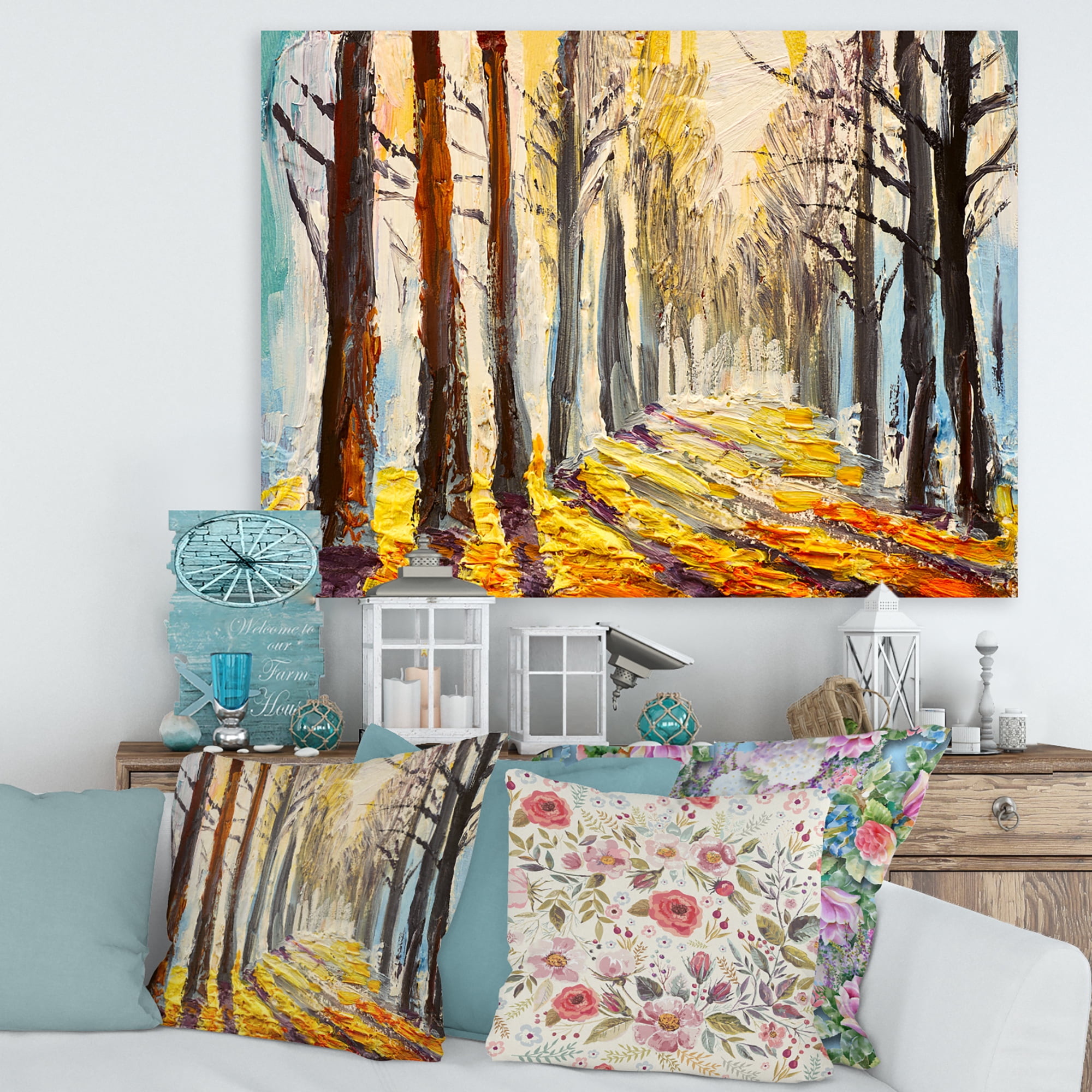 Designart ' Morning Glow Through The Autumn Trees ' Lake House Canvas Wall Art Print