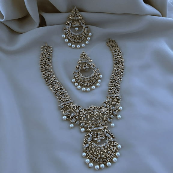 Gold Plated Ruby Long Necklace with Jhumka Earrings - Pearl Bridal Wedding Jewelry Set, CZ Stones, South Indian Bollywood Jewelry for Women