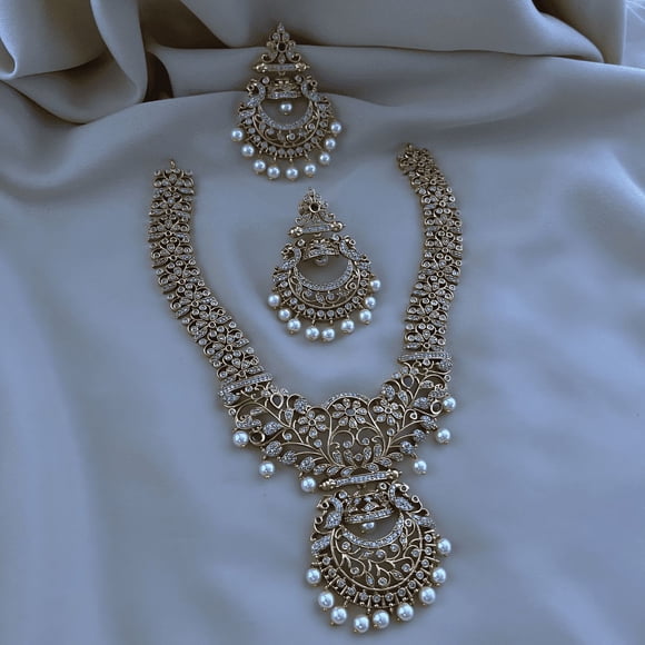 Gold Plated Ruby Long Necklace with Jhumka Earrings - Pearl Bridal Wedding Jewelry Set, CZ Stones, South Indian Bollywood Jewelry for Women