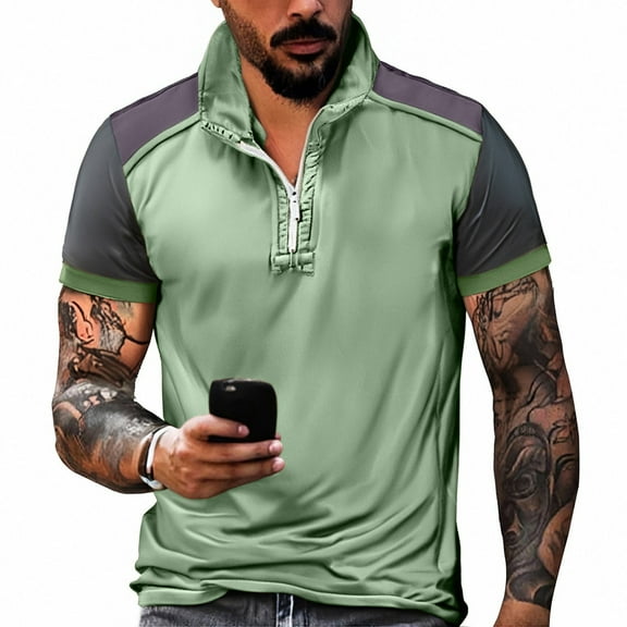 Yiaimeir ‌Men's Semi-Zipper Casual Stand Collar Short-Sleeved Shirt Summer New‌