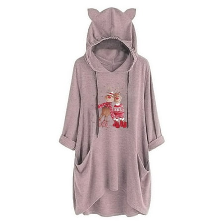 

jsaierl Womens Cat Hoodie with Ears Fluff You Fluffy Cute Graphic Pullover Christmas Tunic Shirts with Pockets for Teen Girls