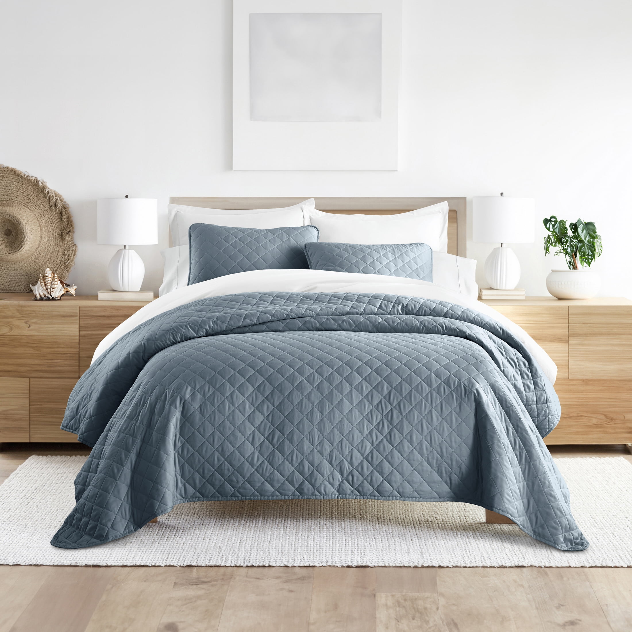 Noble Linens 3-Piece Dusk Blue Diamond Quilt Set, Full/Queen