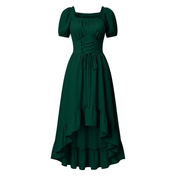 Atogsazn Women's Square Neck Midi Dress Casual Puff Sleeve Lace-Up Waist High Low Ruffle Hem Dresses Army Green L Fashion