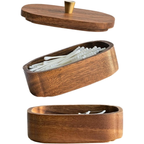 MORAVE Acacia Wood Bathroom Jars with Lids Qtip Holder, Double-Layer Canisters for Cotton Ball/Round/Pads Floss Pick Storage, Bathroom Countertop Vanity Organizer Home Decor
