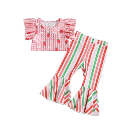 

Jkerther Toddler Girl Clothes Summer Outfits Fly Sleeve Floral/Strawberry/Graphic Print T Shirt Tops + Striped Bell Bottom Pants Set