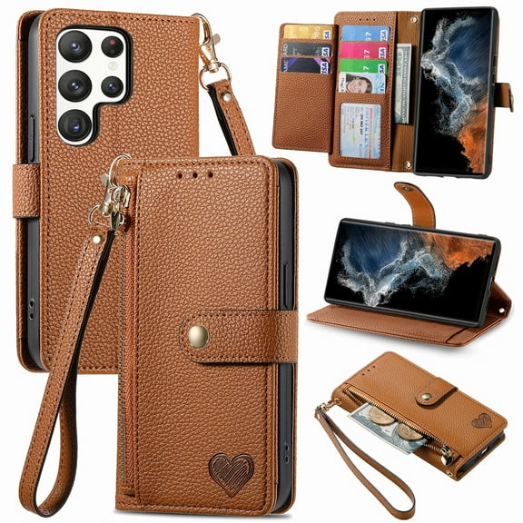 Jiahe Cover for Samsung Galaxy S23, Full Body Protection Case,with RFID Blocking Card Holder Stand Zipper Wallet Case,Detachable Wristband Strap Case Cover, brown