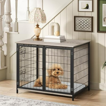 Dog Crate Furniture with Cushion, Wooden Dog Kennel with Double Doors, Heavy Duty Dog Cage for Small/Medium/Large Dogs, Indoor Dog House End Table, 39.4" L, Rustic Brown DCHR10701