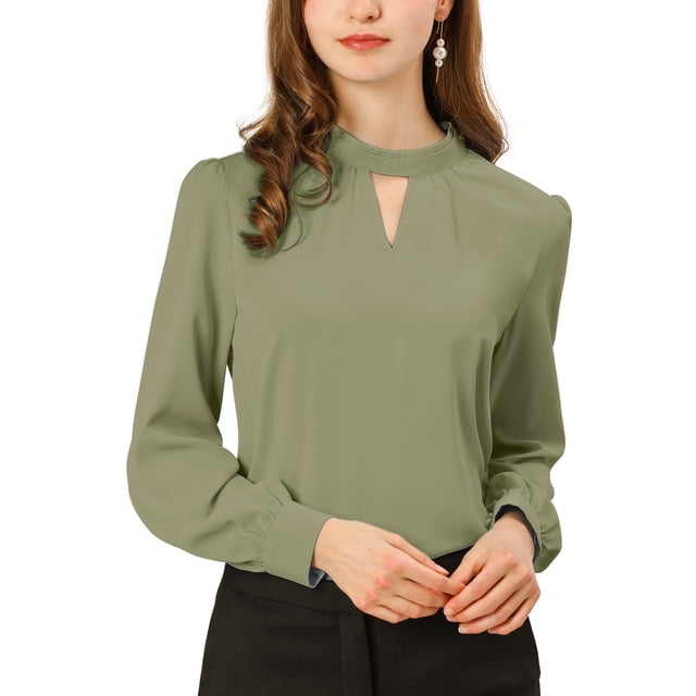 INSPIRE CHIC Women's Keyhole Stand Collar Pleated Back Button Blouse Tops