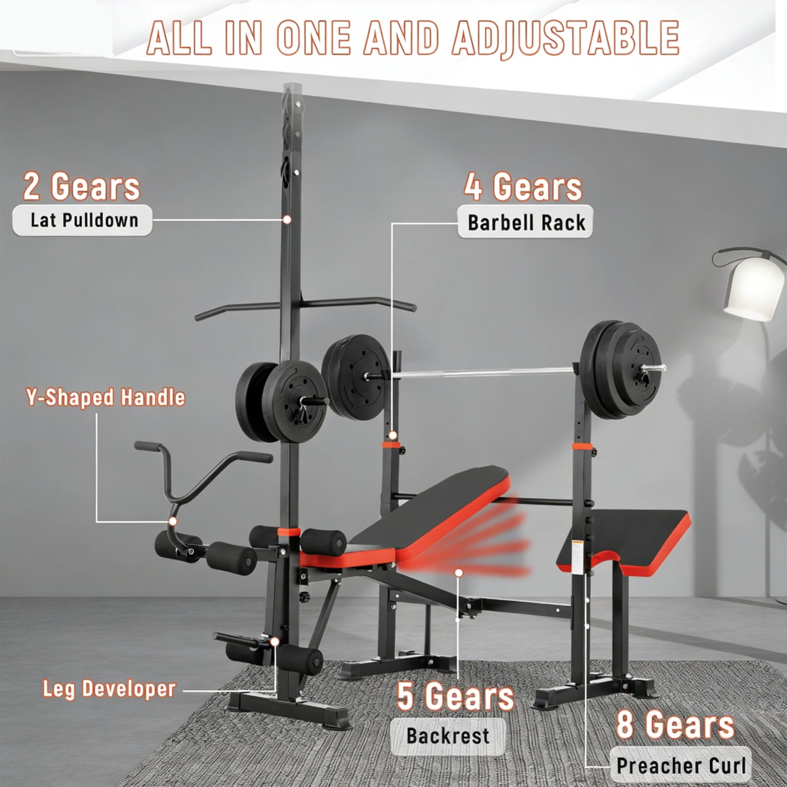 1500LBS 8-in-1 Adjustable Olympic Weight Bench with Squat Rack & Leg Developer, Multi-Function Home Gym Workout Station for Full-Body Strength Training