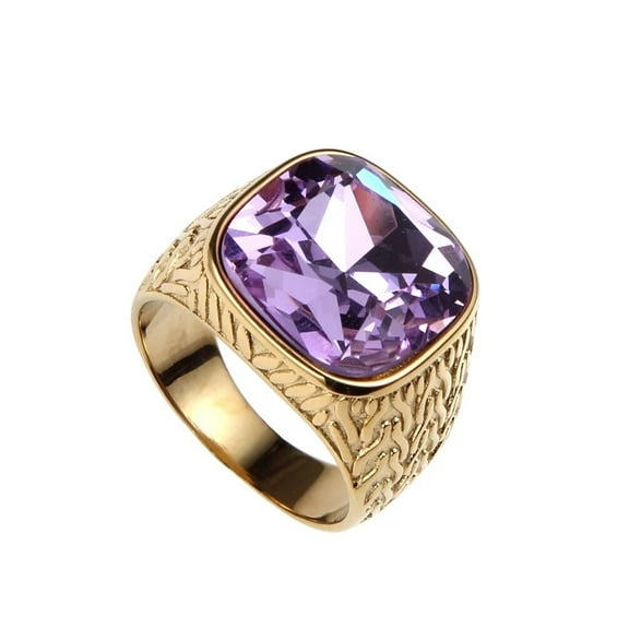 PAMTIER Men's Stainless Steel Vintage Punk Rock Domineering Personality Large Square Purple Gemstone Signet Ring Simple Statement Gold Size 7