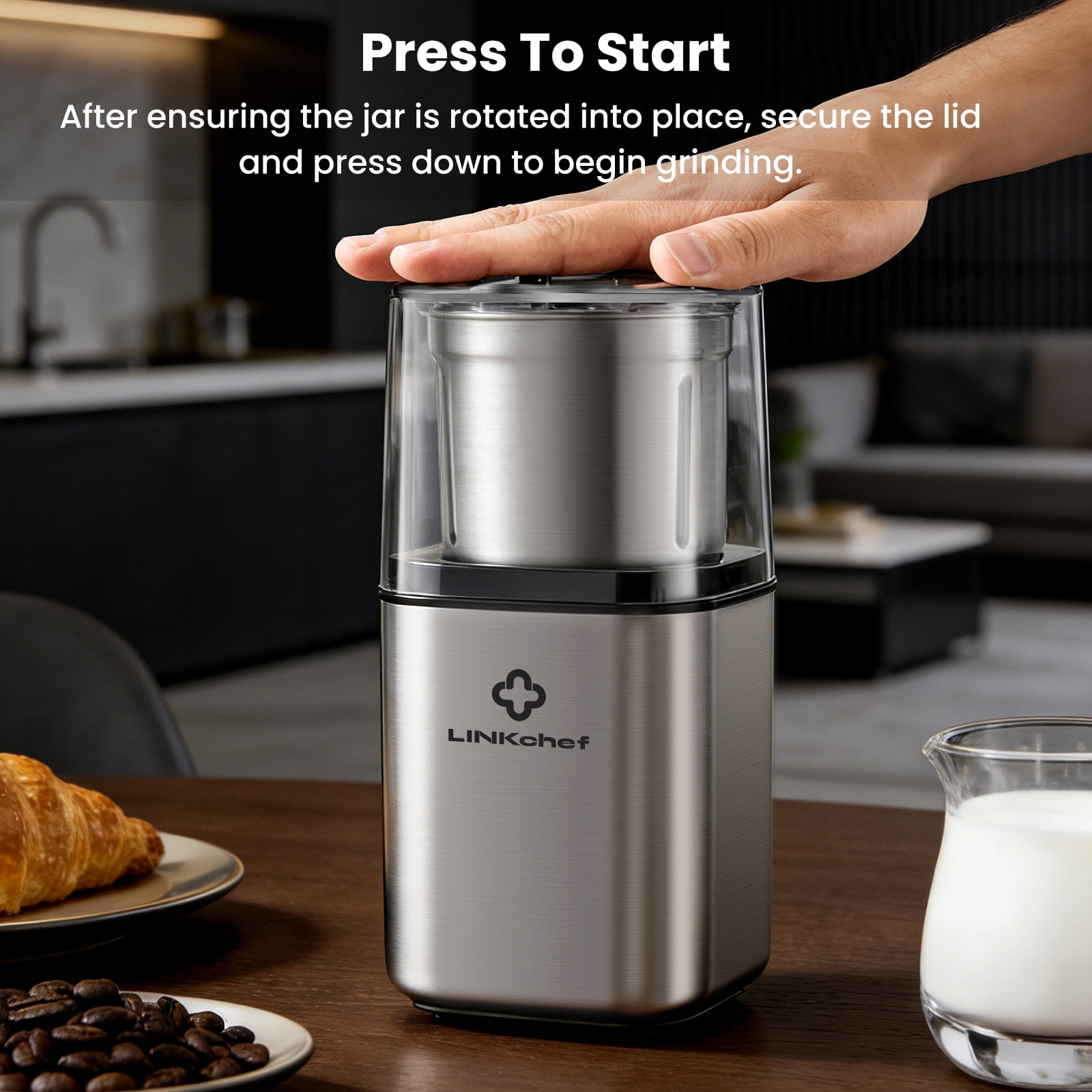 LINKChef Coffee Grinder, Spice Grinder with 4 Blades for Coffee Beans, Spice, Tea - New (Silver)