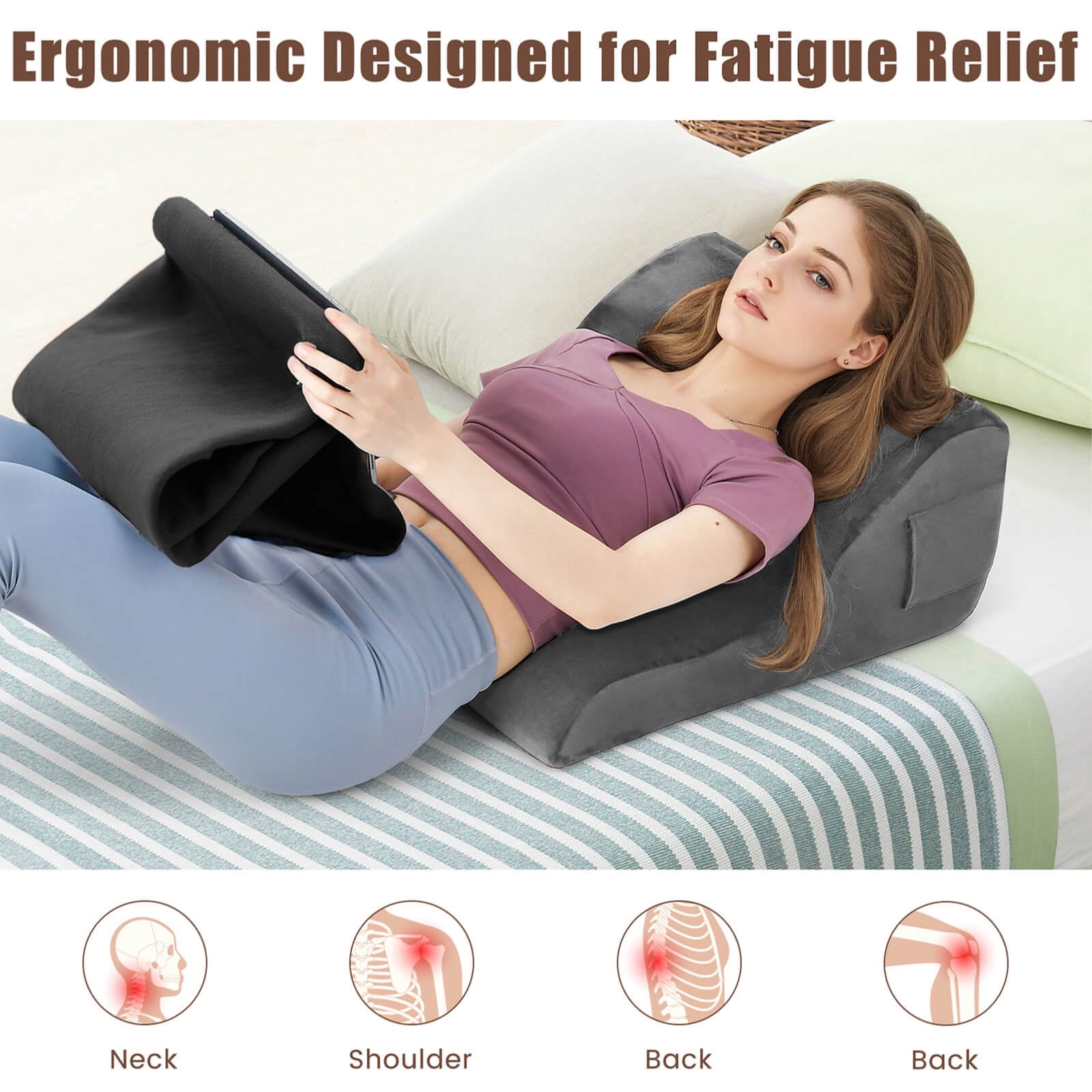 Costway Bed Wedge Pillow with Smooth Zipper Side Pockets Support for Back Grey