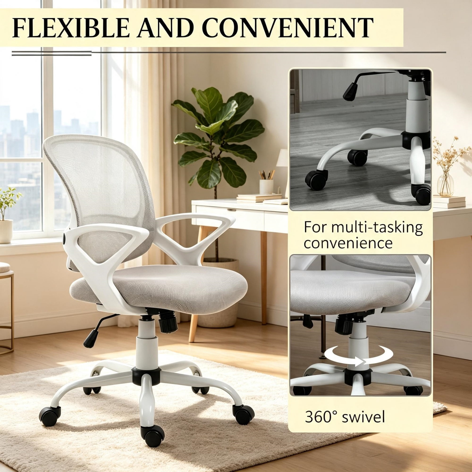 Mid-Back Mesh Office Chair for Long Hours Working, Swivel Computer Chair, Rocking Function, Rolling Wheels, Gray