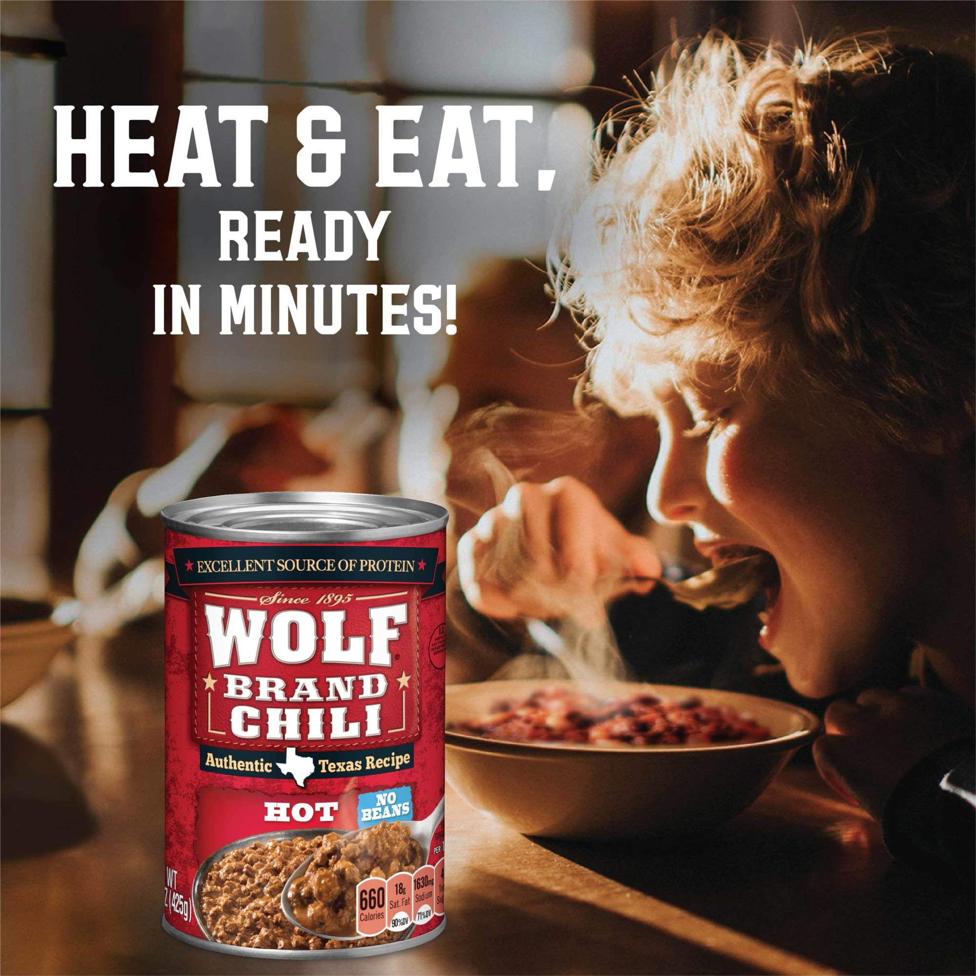 Wolf Brand Hot Chili Without Beans, 25g Protein Per Serving, 15 oz. Can