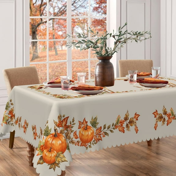 MIZHONA Fall Pumpkins Tablecloth Rectangle,Happy Thanksgivings Autumn Table Cover for Kitchen Decor,60"x84"