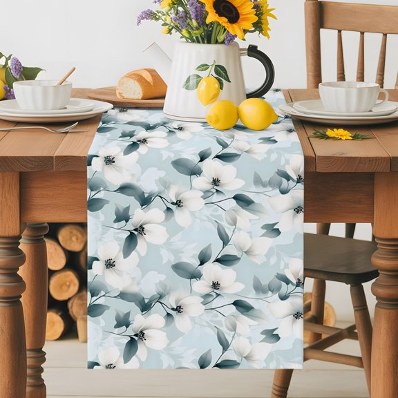 Kitchen Table Runner 36 Inches Long, Country Flower Foliage Plants Cotton Linen Table Runners for Dining Tables Home Holiday Party Wedding, Gardenia Floral Seamless Tabletop Scarf