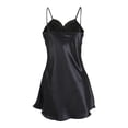 thumbnail image 2 of INSPIRE CHIC Women Satin V Neck Floral Lace Trim Sleepwear Nightgown Pajama Slip Dress Black-floral L, 2 of 5