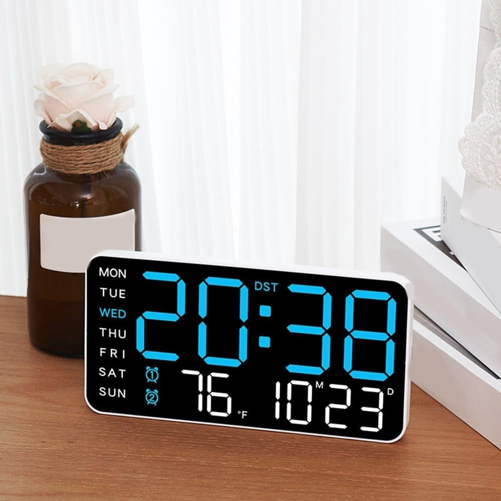 Digital Wall Clock Temperature Display Electronic Desk Clock with Date Week Calendar Voice Control 5 Brightness Levels LED Screen USB Powered Battery Operated