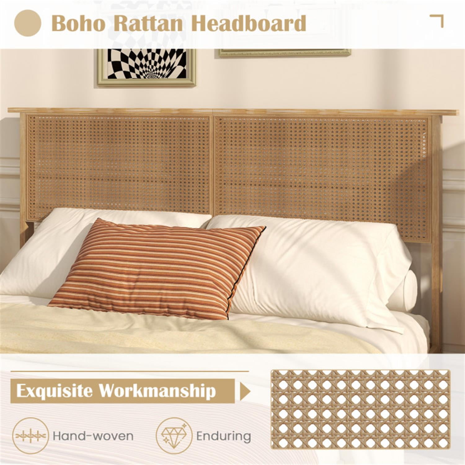 Demi Bonn Queen Size Bed Frame with Rattan Headboard, Platform Bed Frame with 12 Strong Wood Slat Support, No Box Spring Needed, Beige