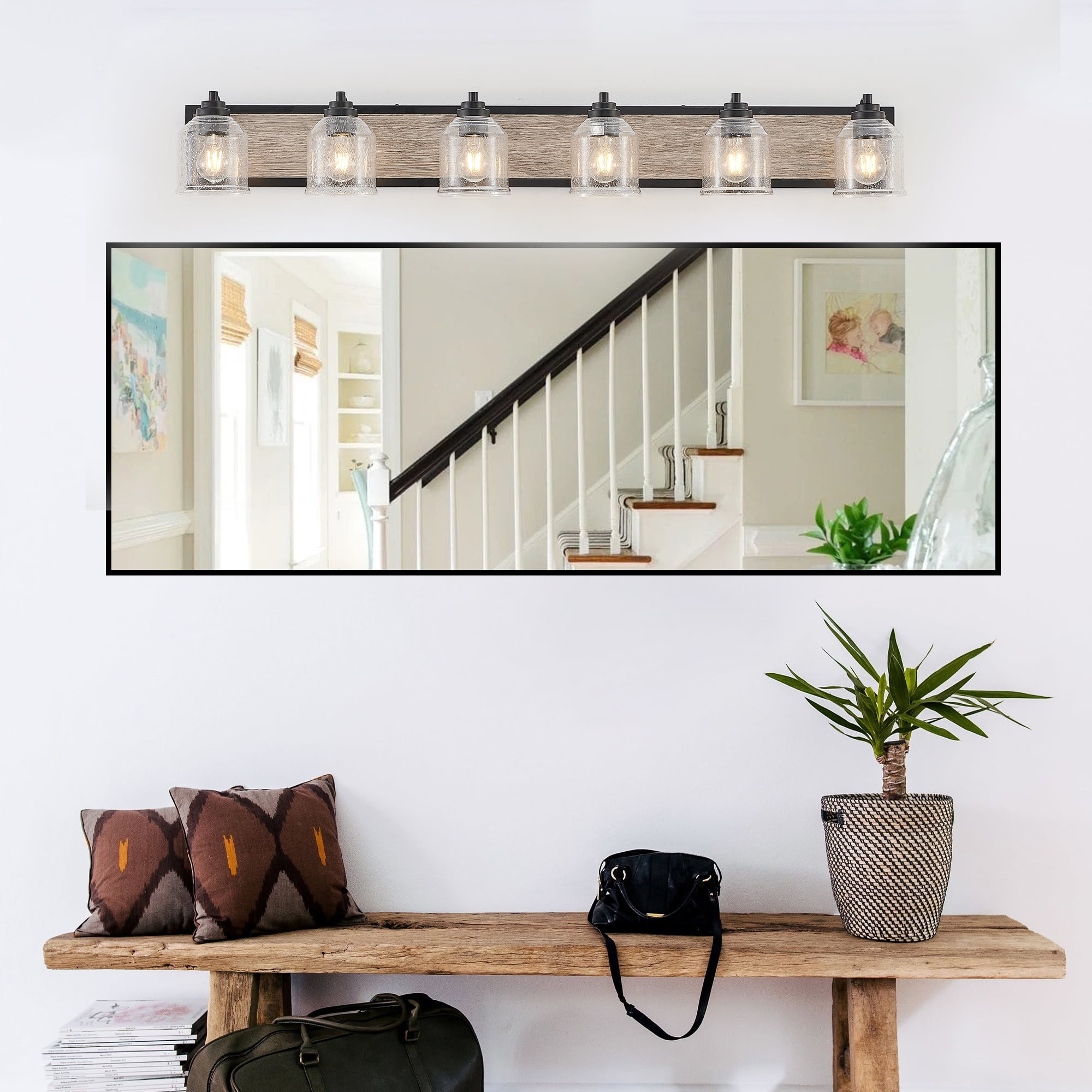 6-Light Farmhouse Bathroom Vanity Light, 48.5 Inch Rustic Wall Sconce with Wood Finish and Bubble Glass