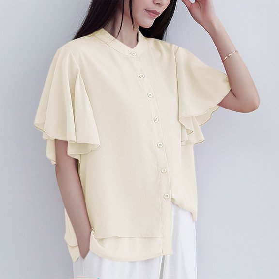 Ayolanni Short Sleeve Tops Women Chiffon Beige Flutter Solid Button-up Shirts Shirts for Ladies L