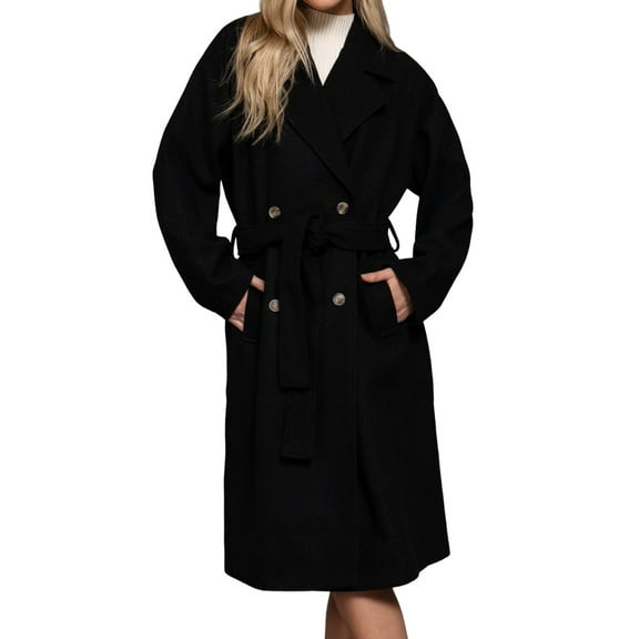 Women's Elegant Double Breasted Long Felt Trench Coat with Buttons