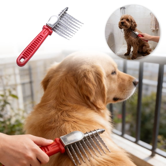 Dematting Comb Undercoat Rake With Micro Serrated Blades Deshedding Brush For Long Haired Cats And Dogs Of All Sizes(Red-17X6.5Cm)