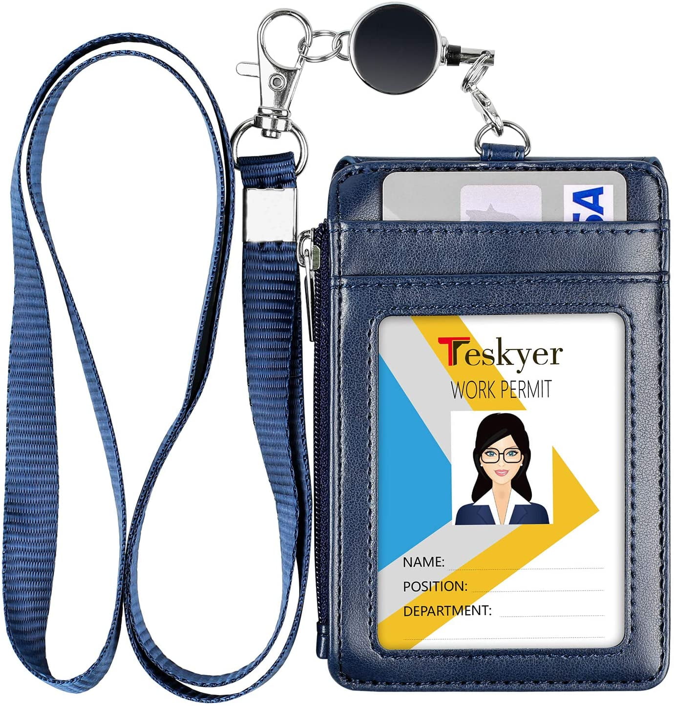 Wonderpool Leather ID Badge Holder with Zipper Wallet Pouch -  Card Slots Case Detachable Neck Lanyard and Retractable Badge Reel for  Office School Hospital Exhibition ID (Black) : Office Products