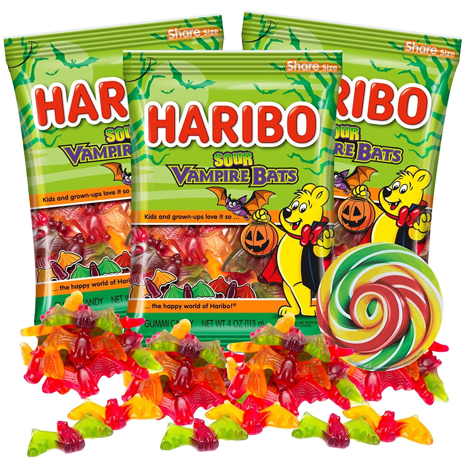 Haribo Fruit Flavored Sour Vampire Bats Gummy Candy, 3 Pack, 4 oz Bag