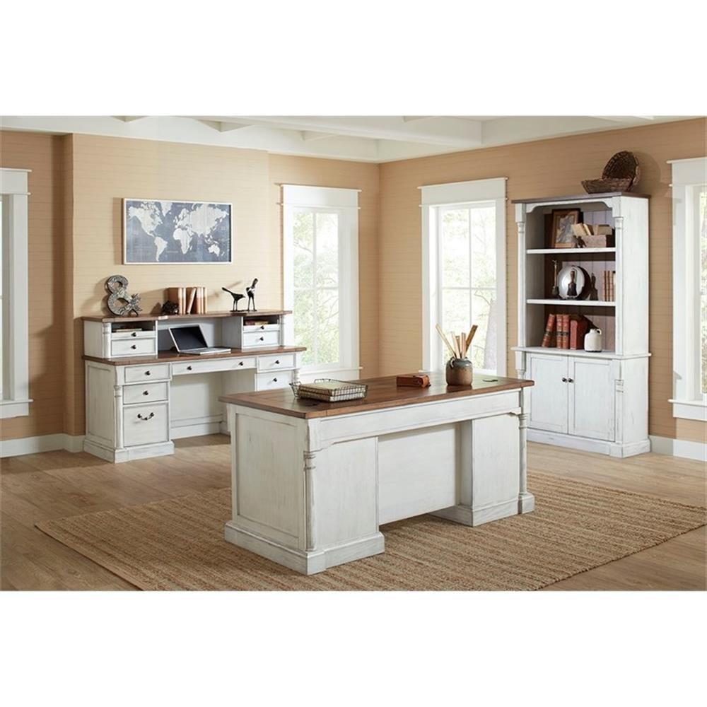 Pemberly Row Rustic Wood Double Pedestal Executive Desk w/ Power Center in White