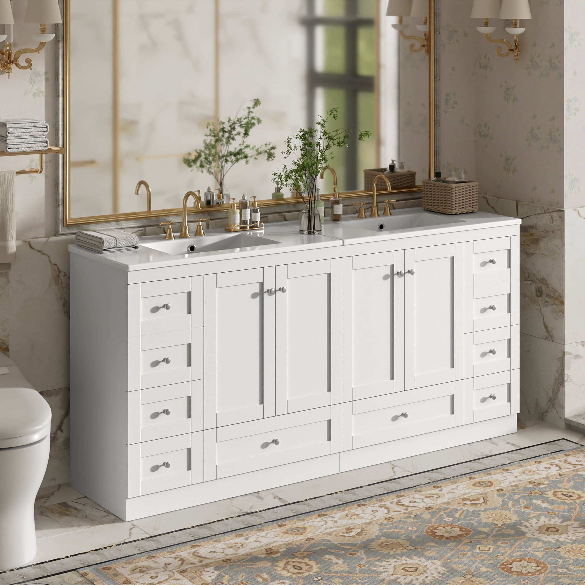 Harper & Bright Designs 72" Bathroom Vanity Set with Double Sink, Vanity Cabinet with 4 Doors and 8 Drawers, Wood Bathroom Cabinet with Ceramic Basin for Bathroom, White