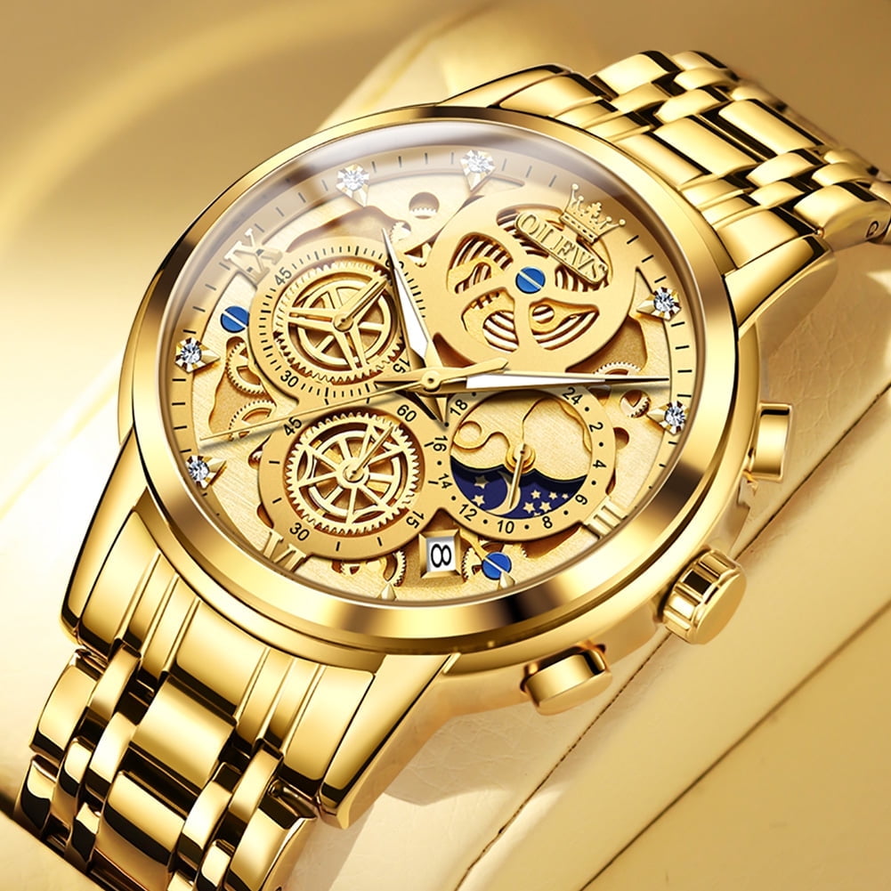 OLEVS Watches for Men Business Dress Luxury Analog Quartz Chronograph Two Tone Gold Plated Stainless Steel Waterproof Luminous Date Casual Mens Wrist Watches Reloj Para Hombre