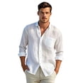 thumbnail image 2 of Casual Linen Shirts for Men Long Sleeve Button Up Regular Fit Breathable Summer Tops Solid Color Lightweight Beach Holiday Outfit Mens Clothing White L, 2 of 8