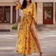 thumbnail image 2 of Moda para mujer, vacaciones, verano, estampado, cuello en V, mangas tres cuartos, fiesta, playa, vestido suelto, falda larga dividida (cinturón incluido) Pompotops  hdfakjf2871, 2 of 9
