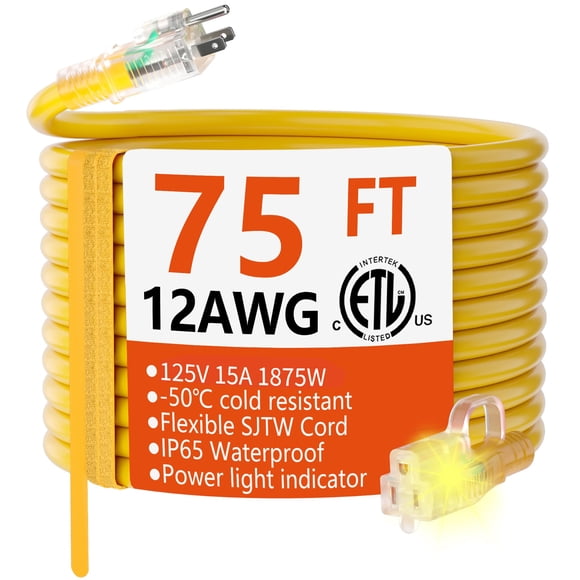 Cable de extensión Huanchain de 75 pies, 12 AWG, impermeable, con extremo iluminado